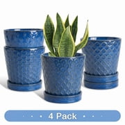 BUYMAX 5 inch Sky Blue Ceramic Indoor Plant Pots with Drainage Holes and Tray, Relief Design, Set of 4, Modern Minimalist Decor