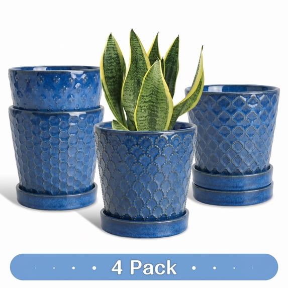 BUYMAX 5 inch Sky Blue Ceramic Indoor Plant Pots with Drainage Holes and Tray, Relief Design, Set of 4, Modern Minimalist Decor