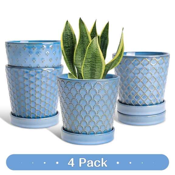 BUYMAX 5 inch Sky Blue Ceramic Indoor Plant Pots with Drainage Holes and Tray, Relief Design, Set of 4, Modern Minimalist Decor