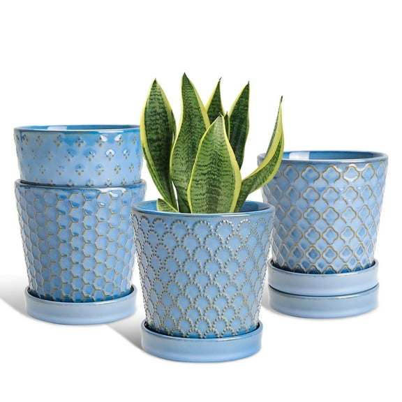 BUYMAX 5 inch Sky Blue Ceramic Indoor Plant Pots with Drainage Holes and Tray, Relief Design, Set of 4, Modern Minimalist Decor