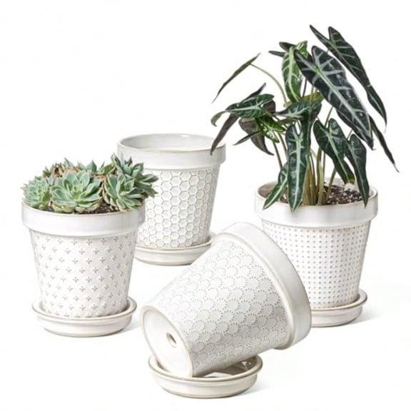 Ceramic Plant Pots 6 Inch Flower Pot with Drainage Hole and Saucer Emed Planter Pots for Indoor Plant Succulent Orchid Cactus Home Decor - Set of 4 Arctic White