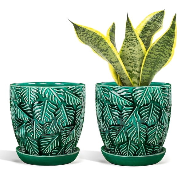 EFISPSS 6 Inch Green Crackle Glaze Ceramic Pot, Value Set of 2 Natural Boho Flower Planters for Indoor Plants