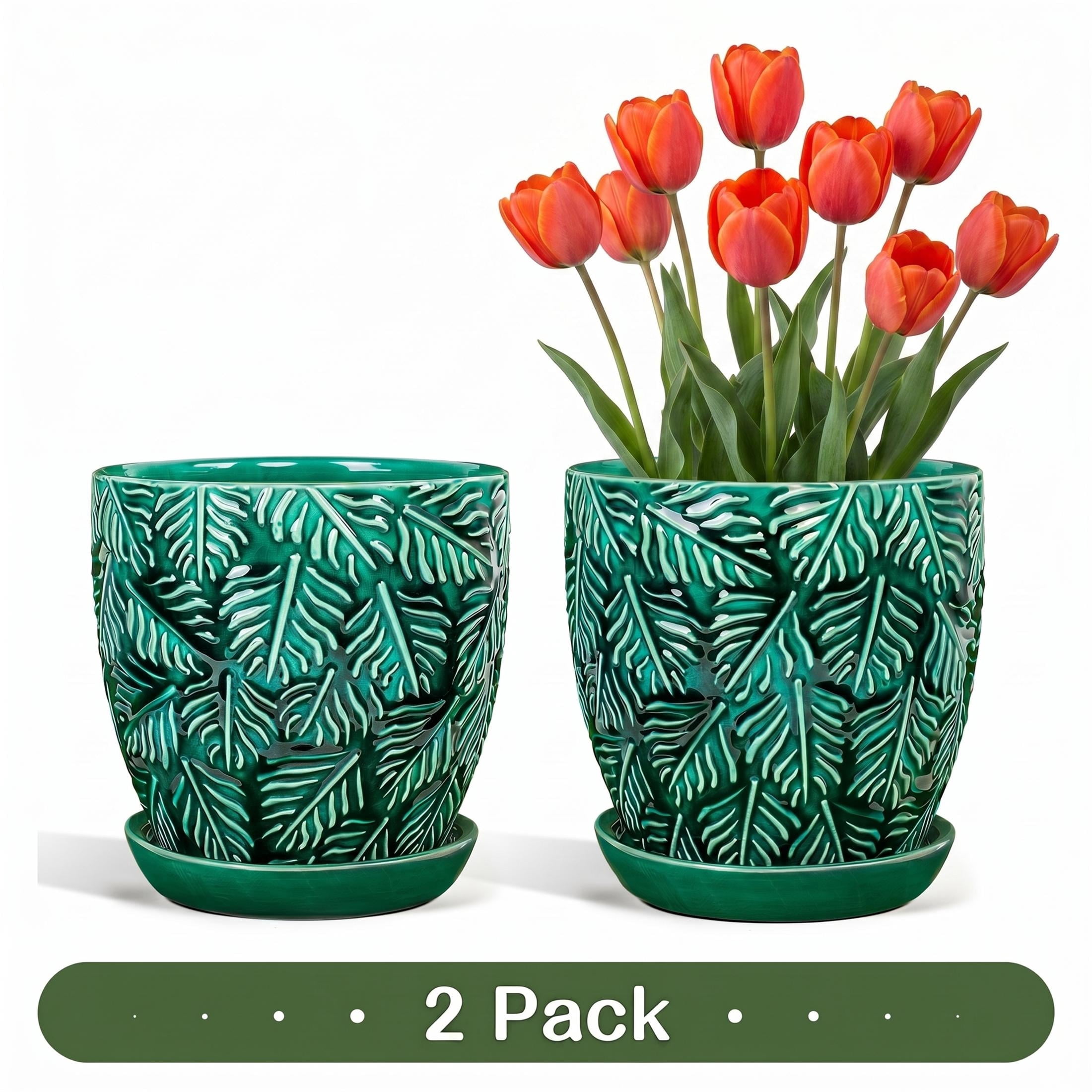 EFISPSS 6 inch Green Ceramic Plant Pots with Drainage & Saucer, Natural Boho Crackle Glaze, Indoor/Outdoor Flower Planter, 4 Pack