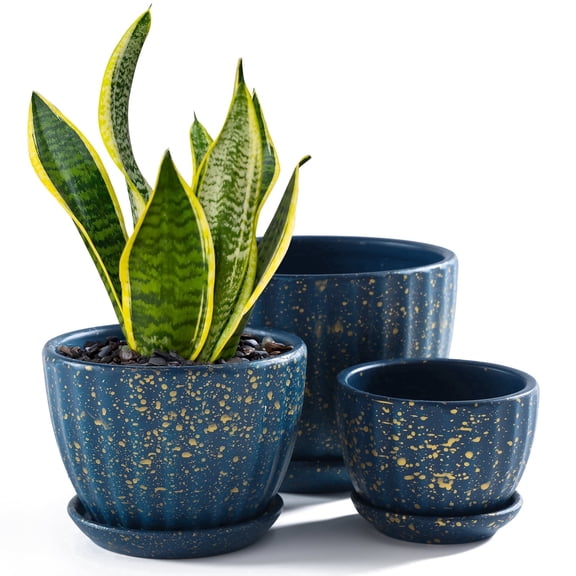 Ceramic Plant Pots with Drainage Holes and Saucers, Round Blue Flower Pots for Indoor Plant, Diameter 3.5/4.3/6.6 Inches Small Mini Flower Planters Set of 3