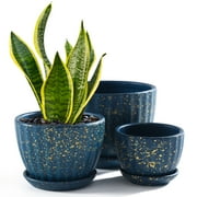 Ceramic Plant Pots with Drainage Holes and Saucers, Round Blue Flower Pots for Indoor Plant, Diameter 3.3/4.3/5.5 Inches Small Mini Flower Planters Set of 3