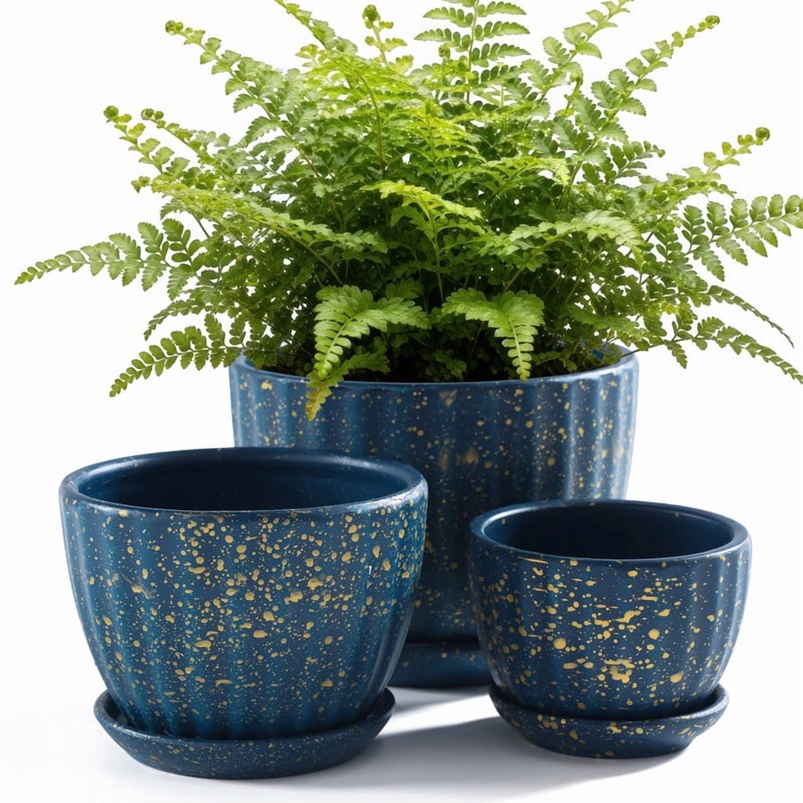 Ceramic Plant Pots with Drainage Holes and Saucers, Round Blue Flower Pots for Indoor Plant, Diameter 4.5/5.5/6.6 Inches Small Mini Flower Planters Set of 3