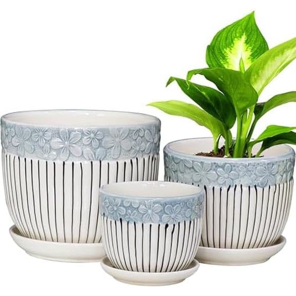 Ceramic Plant Pots Set of 3, 6.75/5.6/4.2 inch Planters with Drainage Holes and Saucer, Flower Pot Outdoor Indoor, Modern Decorative Planters for House Plants Garden Planters Succulent Pots
