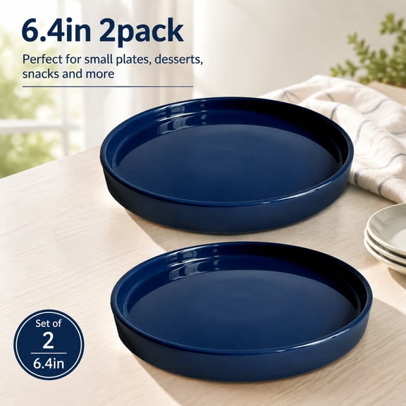 Ceramic Plant Saucer Tray Set 2 Pcs 6.4 Inch Blue, Heavy Duty Glazed Round Planter Drip Catch Basin for Indoor Outdoor Flower Pots Below 6.02