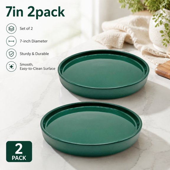 Ceramic Plant Saucer Tray Set of 2, 7 Inch Heavy Duty Glazed Round Drip Catch Basin for Indoor Outdoor Flower Pots Bottom ≤ 6.8 Inch