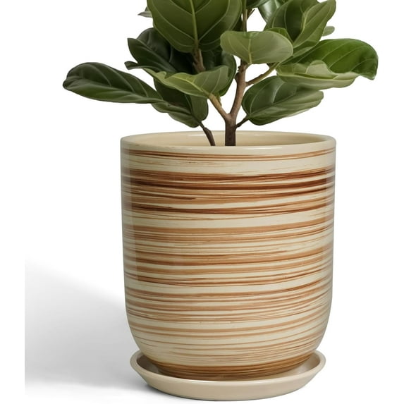 Ceramic Planter 10 Inch - Ceramic Pots for Indoor Plants Outdoor Large Plant Pot with Drainage Hole and Saucer Cylinder Flower Pot Yellow