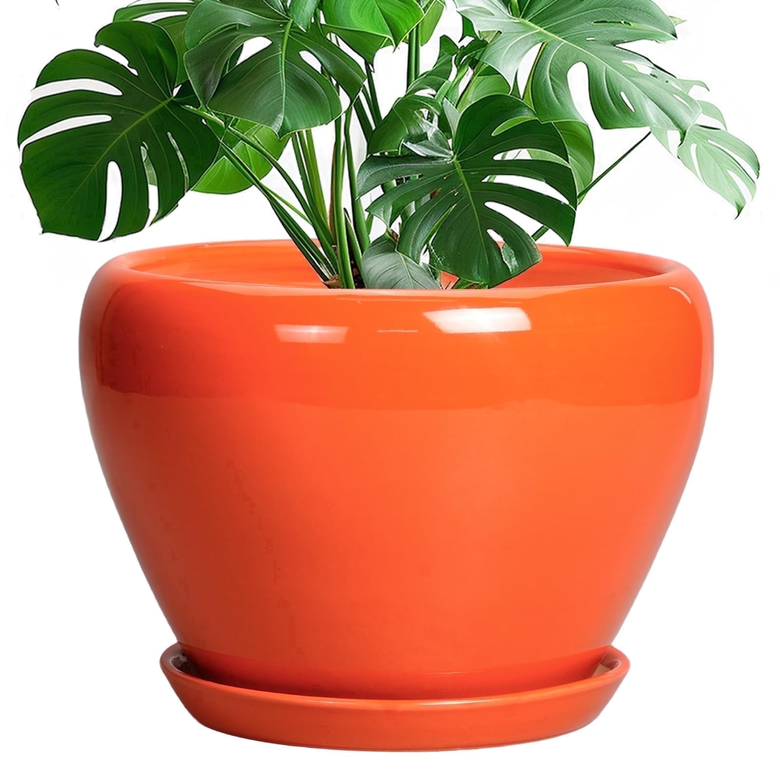Ordivic 10 inch Glossy Orange Round Ceramic Planter with Drainage & Saucer,  Modern Decorative Pot for Herbs,Floor Living Room, Windowsills