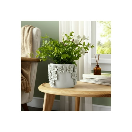 Ceramic Planter with 3D Floral Design - Ceramic Indoor/Outdoor Plant Pot - Elegant White Glazed Finish - Decorative Flower Pot for Home & Garden  - 5" White