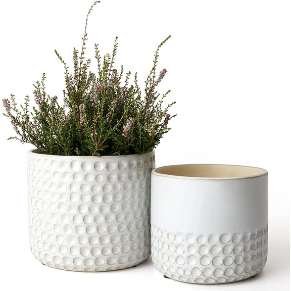 Ceramic Planter - 6.7+5.5 Inch Concave Dot Patterned Cylinder Flower Pot W/ Drain Hole for Indoor, Set of 2, Glacier Gray