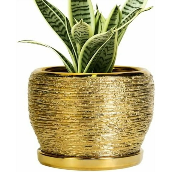 Ceramic Planter - 6 Inch Plant Pot Indoor Outdoor, Modern Round Planter with Drainage Hole and Plant Saucer, Decorative Small Flower Pot, Home Decor, Birthday Gifts, Gold