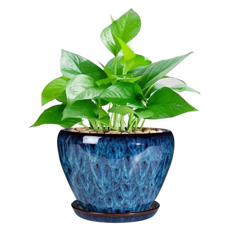 Ceramic Planter 6 inch Round Flower Pot with Drainage Hole & Saucer, Modern Pots for Indoor Plants Like Succulents, Home Decor Accent, Blue Glaze