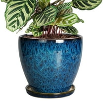 Ceramic Planter,6 inch Round Flower Pot with Drainage Hole & Saucer Modern Pots for Indoor Plants Like Succulents Home Decor Accent Blue Glaze