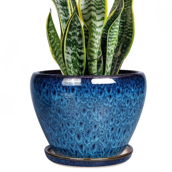 Ordivic 6 Inch Blue Glaze Ceramic Planter Pots with Drainage Hole and Matching Saucer, Small Indoor Flower Pot for Orchids Succulents Herbs House Plants