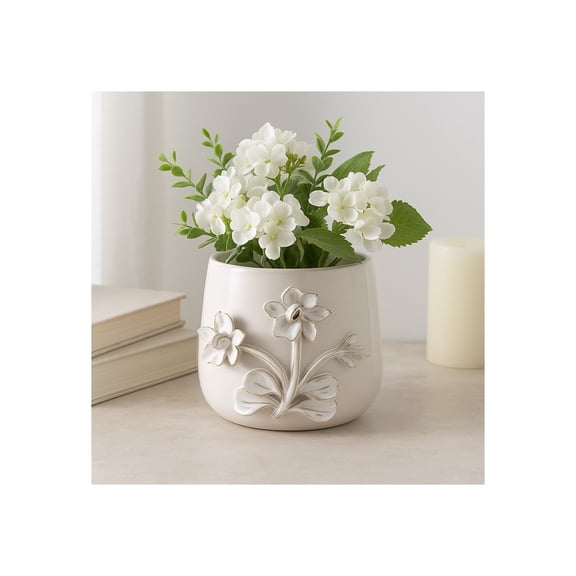 Ceramic Planter and Flower Pot for Home Decor - Elegant Plant Pot with Sculpted Floral Detail for Indoor and Outdoor Use - Ideal for Garden, Patio, Living Room, or Shelf Accent - 6" Ivory