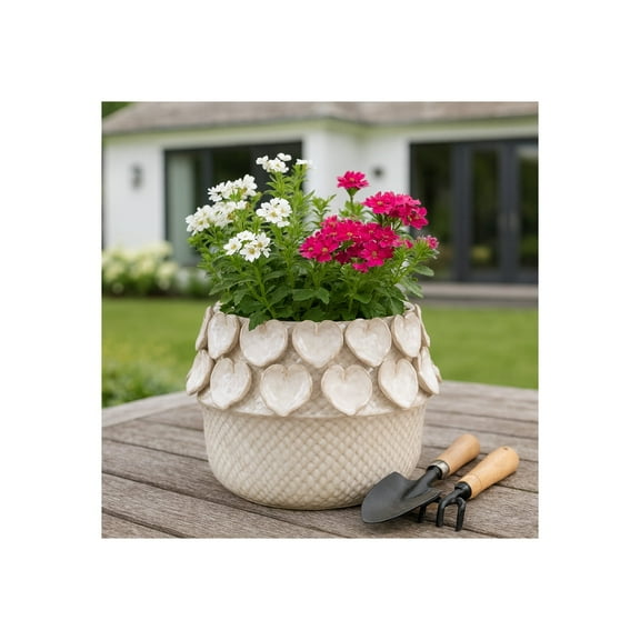 Ceramic Planter with Heart Accents - Ceramic Decorative Flower Pot for Indoor & Outdoor Plants - Textured Design, Home & Garden Decor, Modern Boho Style - 8" Ivory