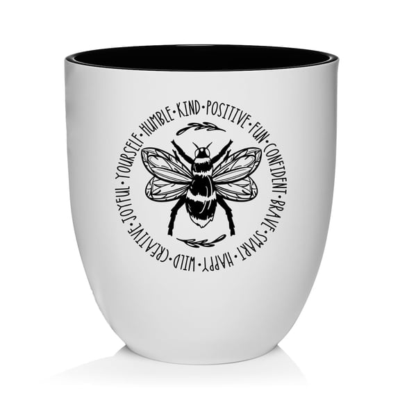 Ceramic Planter Plant Pot with Plastic Liner Gift Bee Inspiration Be Kind Positive Happy Yourself (White)