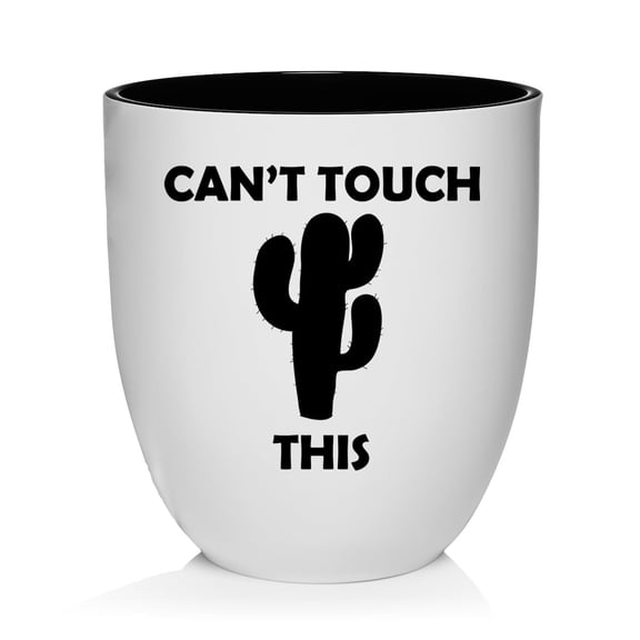 Ceramic Planter Plant Pot with Plastic Liner Gift Can't Touch This Cactus Funny (White)