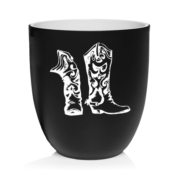 Ceramic Planter Plant Pot with Plastic Liner Gift Cowboy Cowgirl Boots (Black)