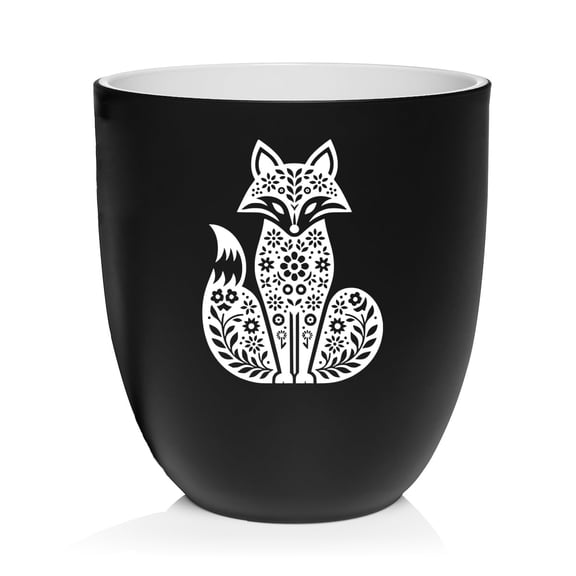 Ceramic Planter Plant Pot with Plastic Liner Gift Folk Art Fox (Black)