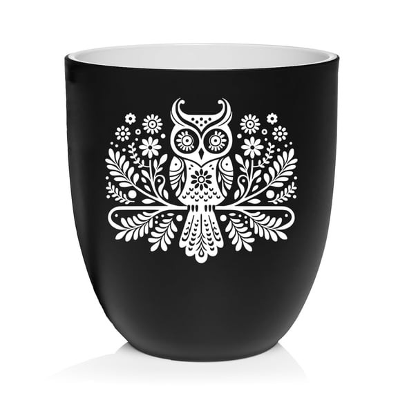 Ceramic Planter Plant Pot with Plastic Liner Gift Folk Art Owl (Black)