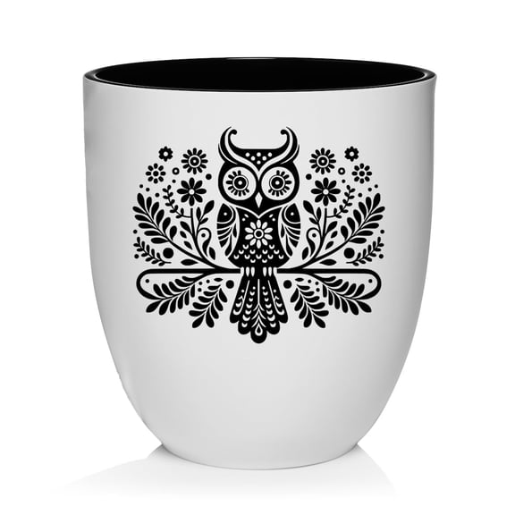 Ceramic Planter Plant Pot with Plastic Liner Gift Folk Art Owl (White)