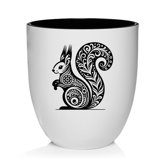 Ceramic Planter Plant Pot with Plastic Liner Gift Folk Art Squirrel (White)