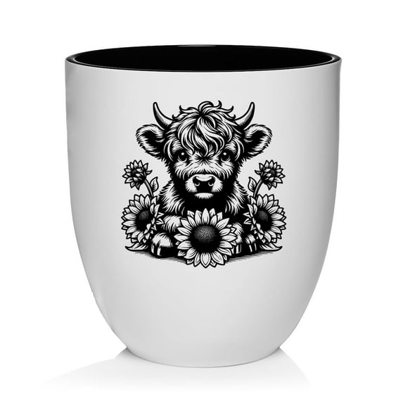 Ceramic Planter Plant Pot with Plastic Liner Gift Highland Cow with Sunflowers (White)