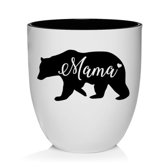 Ceramic Planter Plant Pot with Plastic Liner Gift Mama Bear Mom Mother (White)