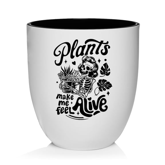 Ceramic Planter Plant Pot with Plastic Liner Gift Plants Make Me Feel Skeleton (White)