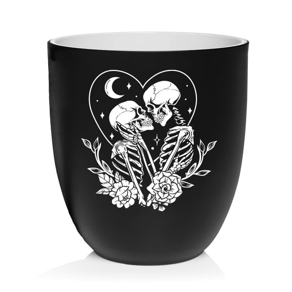 Ceramic Planter Plant Pot with Plastic Liner Gift Skeleton Couple Floral (Black)