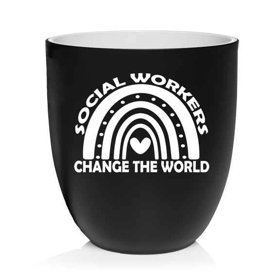 Ceramic Planter Plant Pot with Plastic Liner Gift Social Workers Change The World Rainbow (Black)