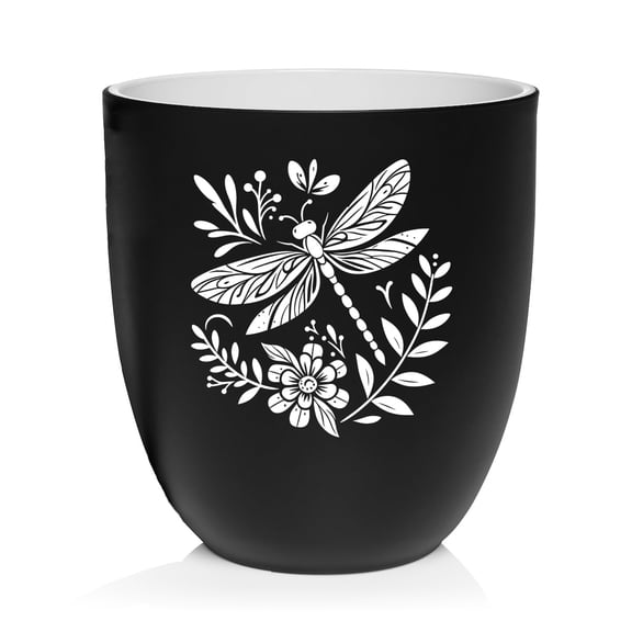 Ceramic Planter Plant Pot with Plastic Liner Gift Stylized Dragonfly (Black)