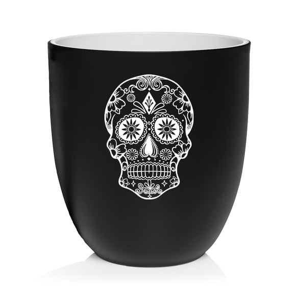 Ceramic Planter Plant Pot with Plastic Liner Gift Sugar Candy Skull (Black)