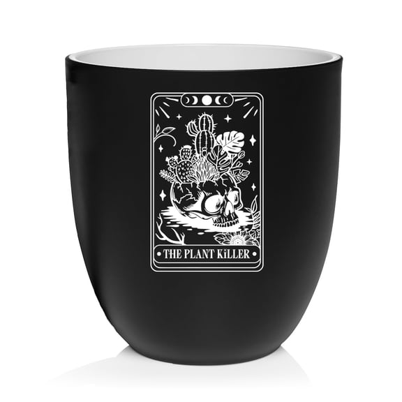 Ceramic Planter Plant Pot with Plastic Liner Gift Tarot Card The Plant Killer Funny (Black)