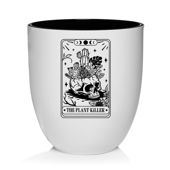 Ceramic Planter Plant Pot with Plastic Liner Gift Tarot Card The Plant Killer Funny (White)