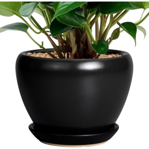 Ceramic Planter Pot - 6 Inch Plant Pot with Drainage Hole and Saucer Round Planter for Indoor Plants Outdoor Succulent Pot Modern Flower Pot for Home Decor Black