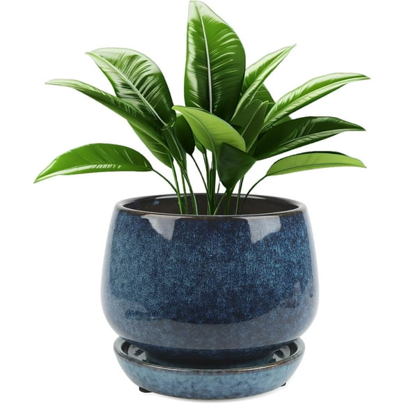 Ceramic Planter Pot with Drainage Hole Saucer - 6 Inch Modern Glazed Flower Pot for Indoor/Outdoor Plants, Herbs Succulent Planter Garden Pots Home Garden Decor Blue