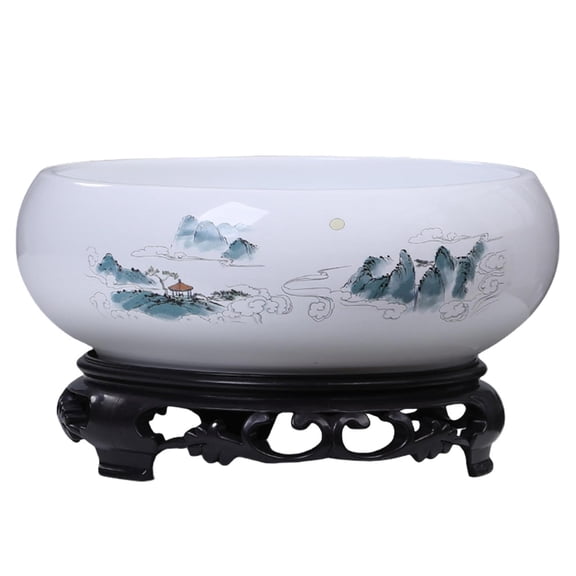 Ceramic Planter Pot Lotus Bowl Planter Round Ceramic Hydroponic Bowl Lotus Planter Pot with Plastic Base, Classic Pottery Water Lily Bowl Container for Indoor Water Plant Decorative Use Home Office
