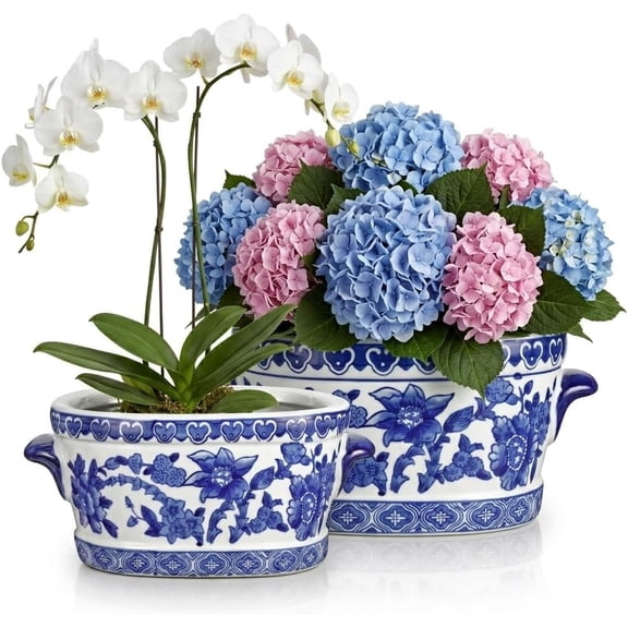 Ceramic Planter Pot Vintage Floral Oval Cachepot Vase for Indoor Plants No Drainage 7.4 Inch or 10.6 Inch