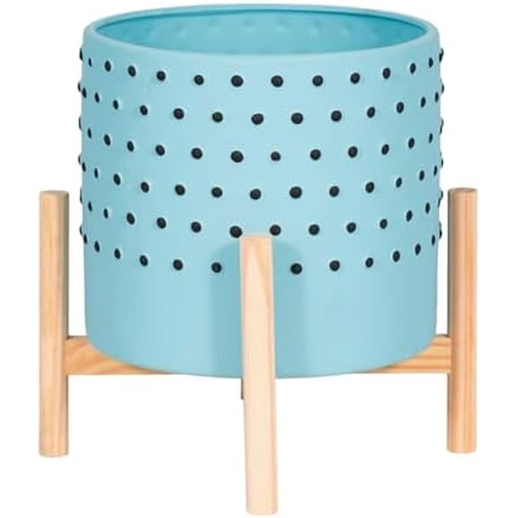 Ceramic Planter With Stand Indoor – Plant Stand Indoor For Elevated Greenery, Living Room Or Patio Placement, Textured Blue Home Decor Design Adds Height And Visual Impact – 11", Blue