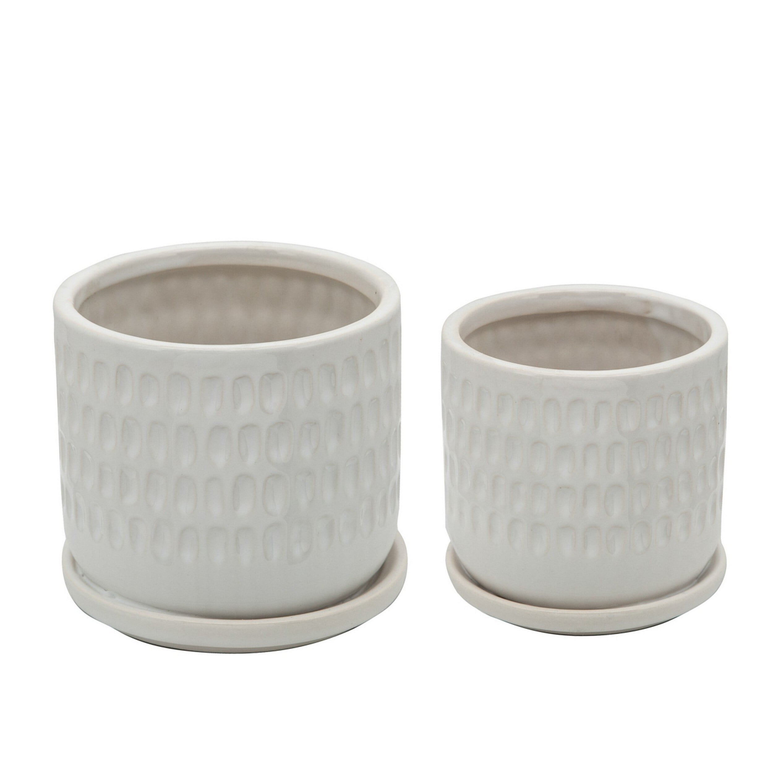 Ceramic Planter with Saucer and Hammered Design, Set of 2, White
