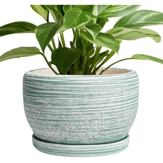 Ceramic Planters for Indoor Plants - 8 inch Plant Pot Outdoor, Ceramic Flower Pot with Drainage Hole and Saucer, Round Modern Planter, Living Room Apartment Decor, Birthday Gifts, Green