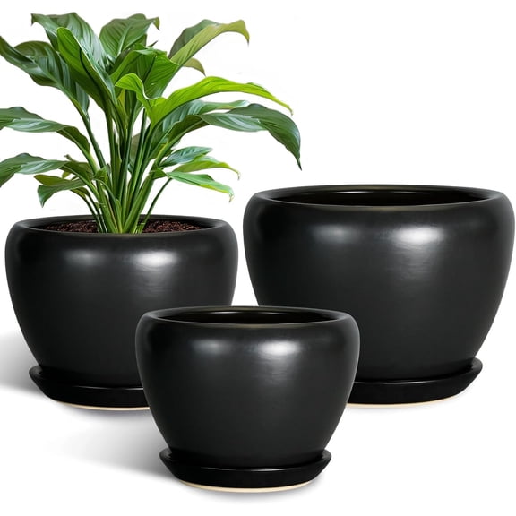 Ceramic Planters Pots - 10 Inch 8 Inch 6 Inch Plant Pots Indoor with Drainage Holes and Saucers Large Planters Mid-Century Flower Pots Outdoor Set of 3 Black