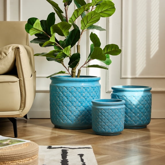 Ceramic Planters Set of 3, 15/12/9 in Indoor & Outdoor Large Plant Pots with Drainage Hole, Handmade Glaze Embossed Decorative Flower Pots for Indoor Plants, Patio, Garden, Antique Blue
