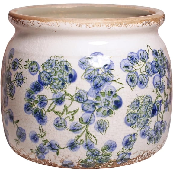 Ceramic Planters Spring Decor, 6.29in Country Cottage Plant Pots with Drainage Hole for Indoor Plants & Succulent, Vintage Crackle Glaze Finish Flower Vase, Home Decor Gifts, Deep Blue Floral