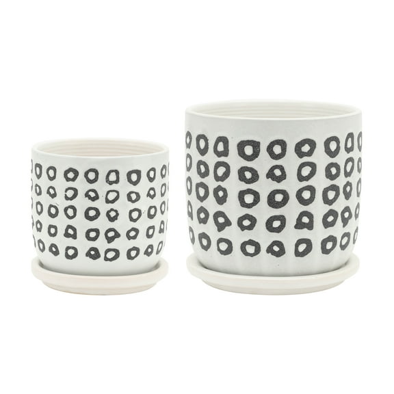 Ceramic Planters with Saucers - Set of 2, 4.5 & 6 Inch - Indoor/Outdoor Flower Pots - Modern Aztec Design - Black Black + Ceramic